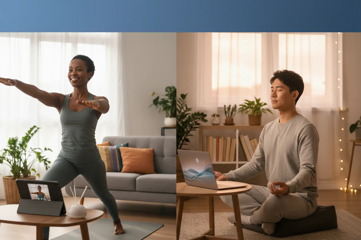 practicing yoga in a home setting.