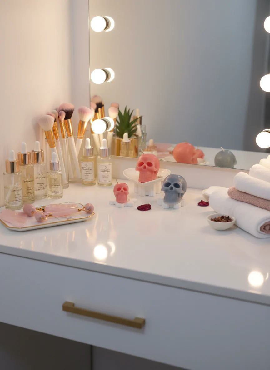 Makeup vanity with mirror, skincare products and skull candles 3 sizes on a white surface.
